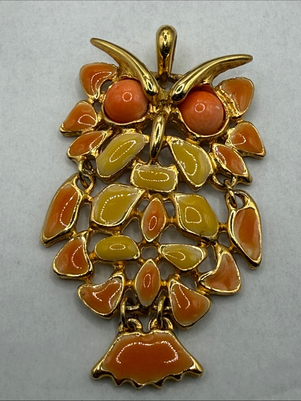 Vintage Gold-Tone Orange & Yellow Enamel articulated Owl Pendant Necklace charm